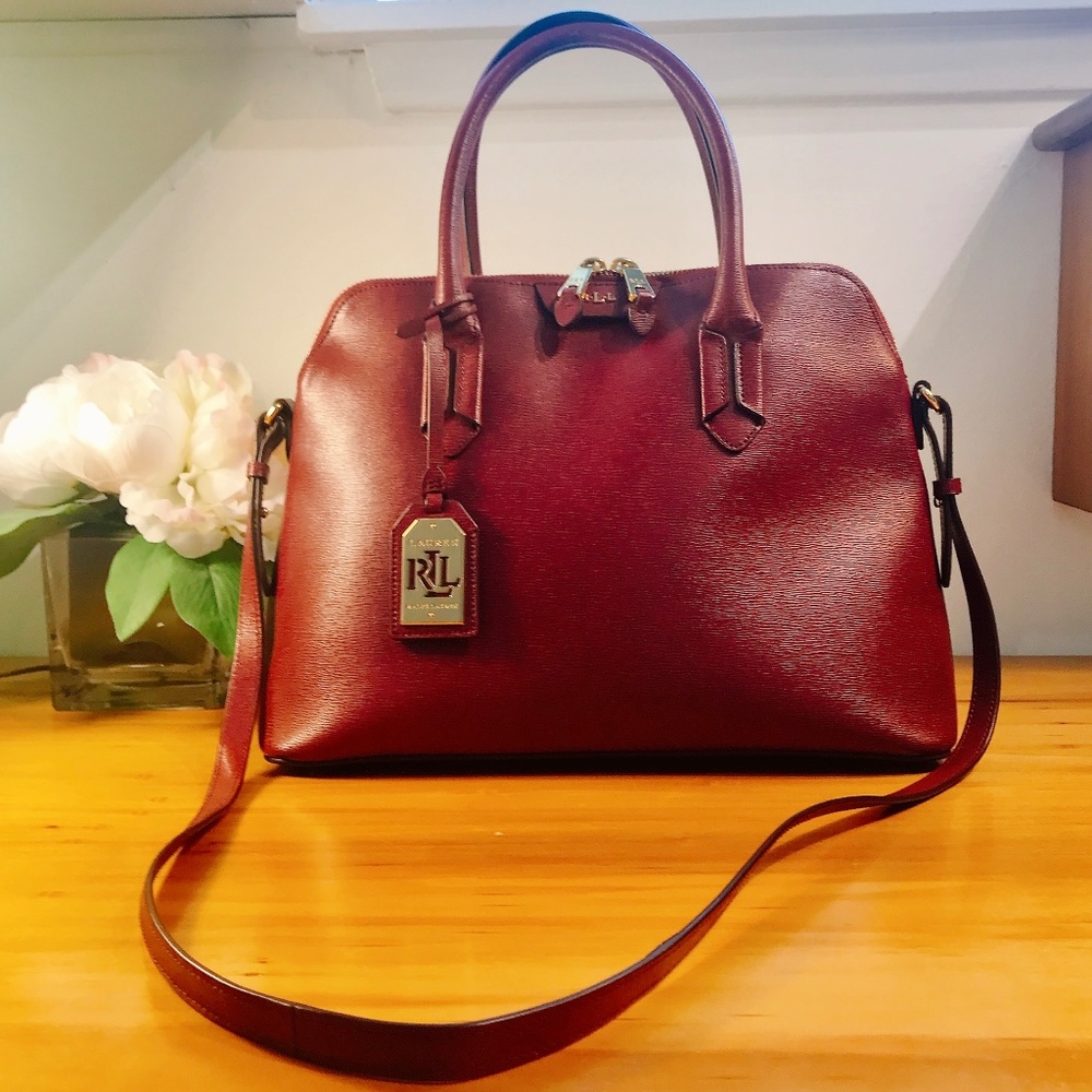 LAUREN RALPH LAUREN BURGUNDY LEATHER TATE SATCHEL BAG WITH GOLD HARDWARE